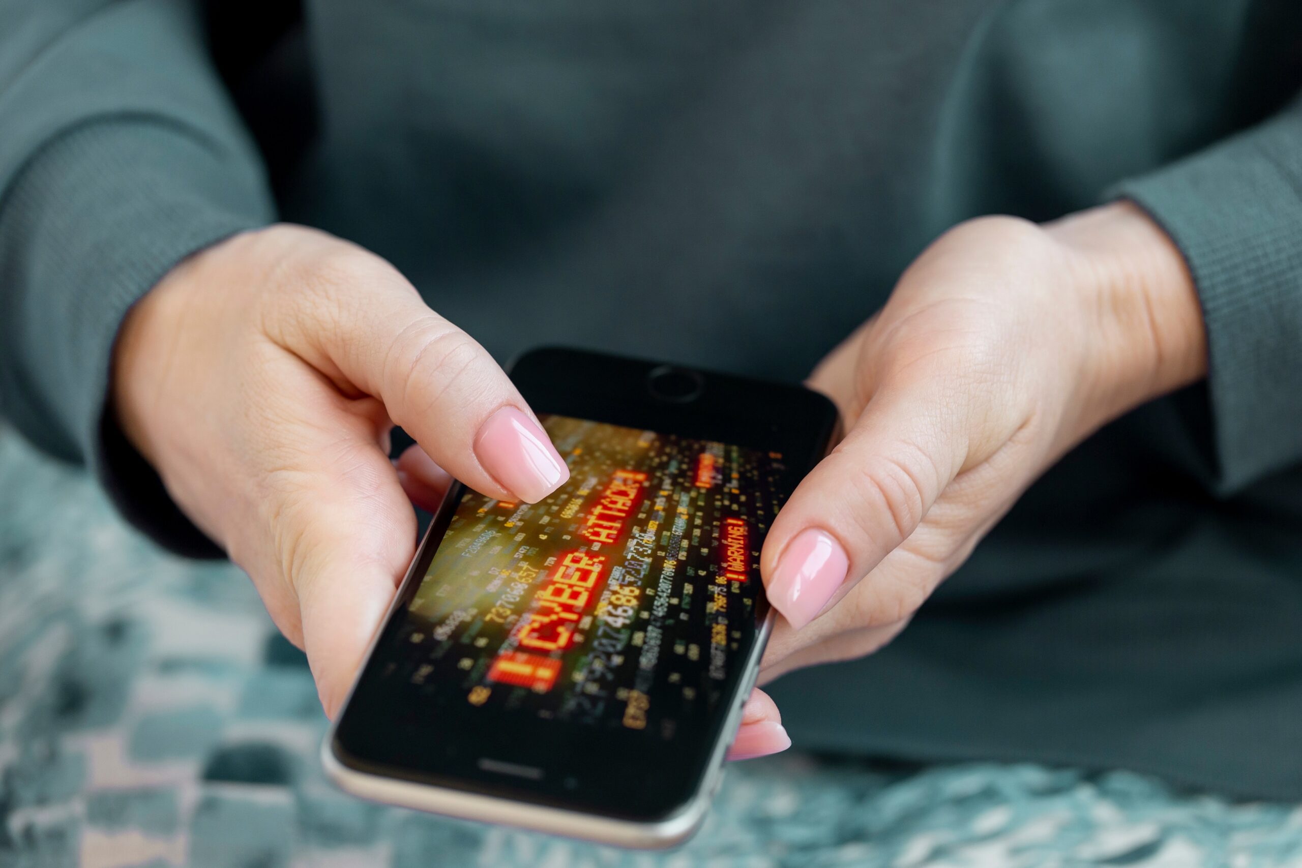 Mujer sosteniendo smartphone con leyenda “Cyber Attack” Ciberataques de ransomware