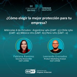 Aprende a elegir la mejor protección para tu empresa con ESET LATAM: criterios, errores comunes y plan de acción. Webinar gratuito el 8 de octubre.