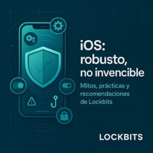 iPhone iluminado en azul con candado y circuitos, simbolizando protección y ciberseguridad móvil.